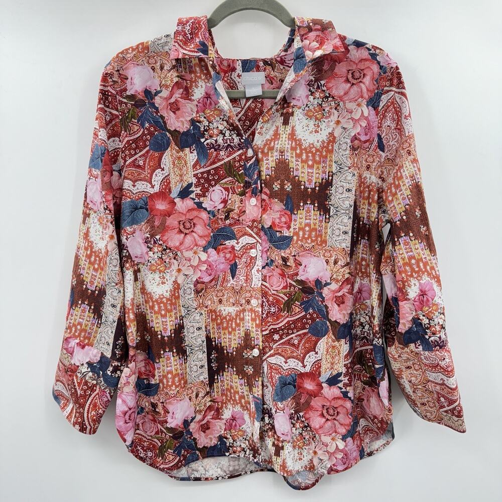 Chico's No-Iron Chic Stretch Button Up Shirt Sz 2 US 12 Pink Patchwork Floral